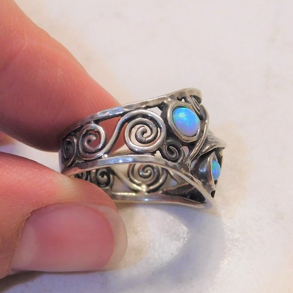 925 Unique Sliver Leaf Scroll Australian Opal Ring - Picture 4 of 10